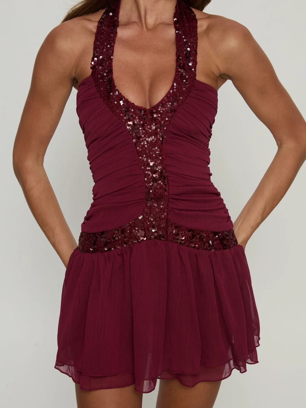 Aisleigh Sequin Halter Mini Dress Berry - Picture 6 of 14